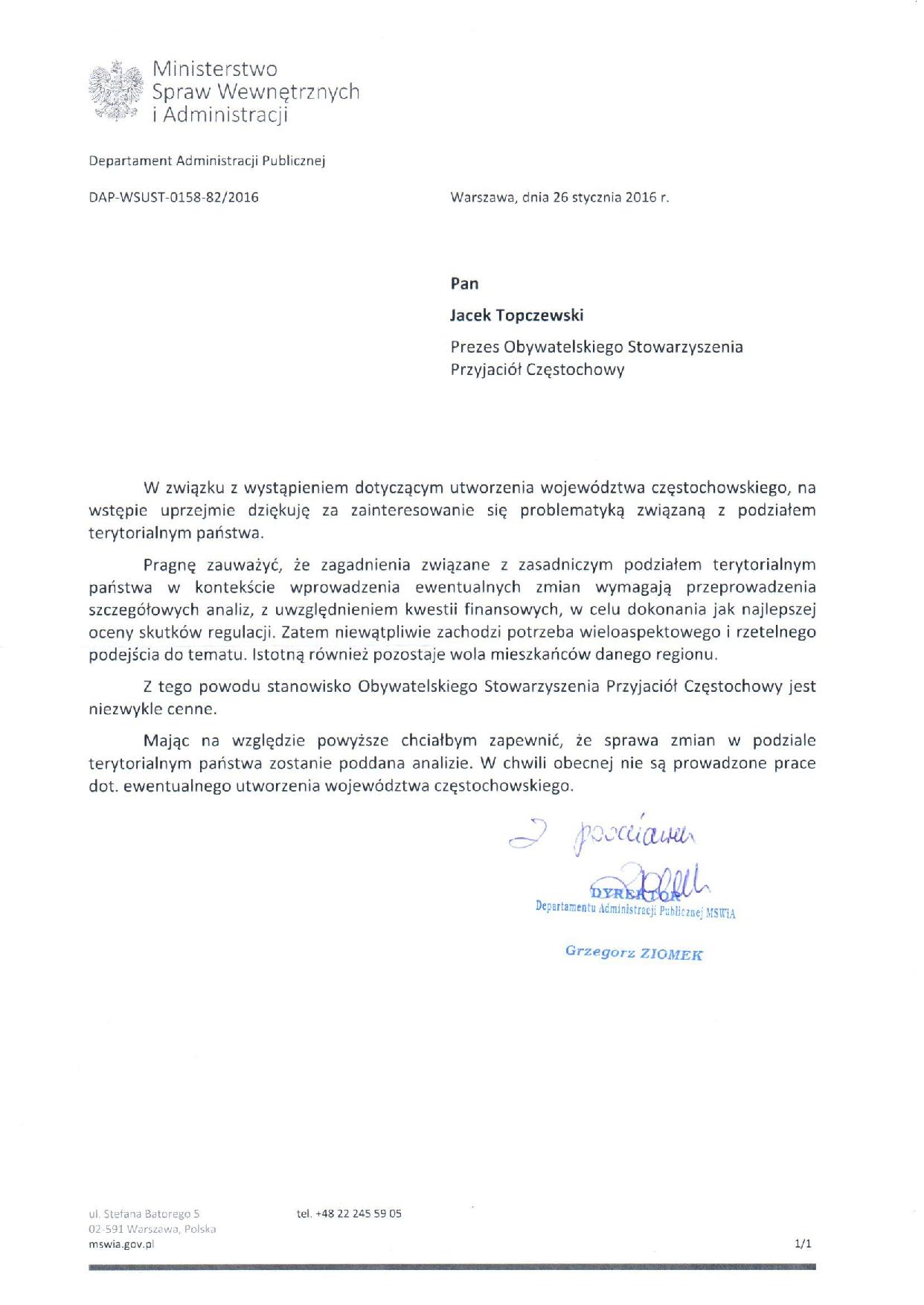 Jest odpowiedź w sprawie województwa częstochowskiego!